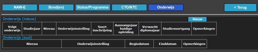 Handleiding Topsport Monitoringsysteem 13 Tabblad 5: Onderwijs Voor alle sporters met een status worden de onderwijsgegevens ingevuld.