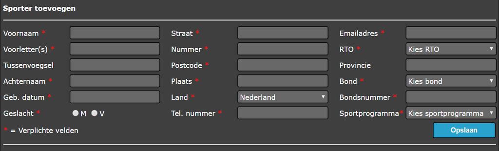 Handleiding Topsport Monitoringsysteem 6 Tabblad 1: NAW-E De sportbond vult tabblad 1 in voor alle sporters met een Bonds-, IT-, NT- of Belofte-status.