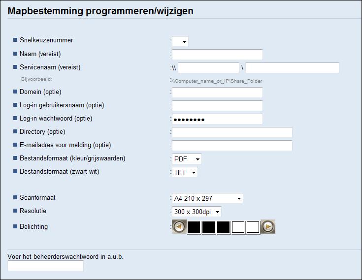 Scanbestemmingen registreren Item Instelling Beschrijving Belichting Optioneel Geef de afbeeldingsbelichting op door op de rechterof linkertoets te drukken. is het lichtst en is het donkerst.