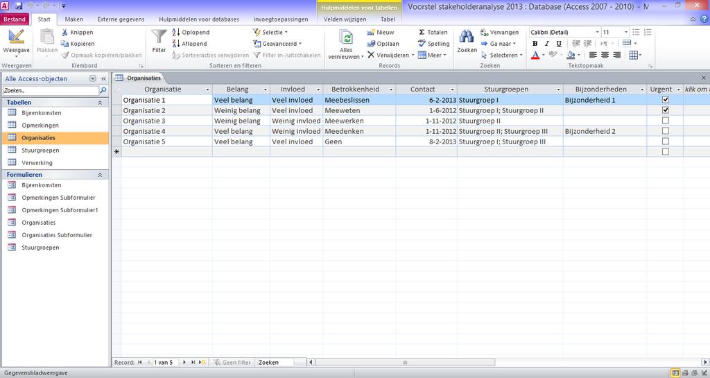 Informatie in de database In de bestaande database is veel informatie verwerkt.