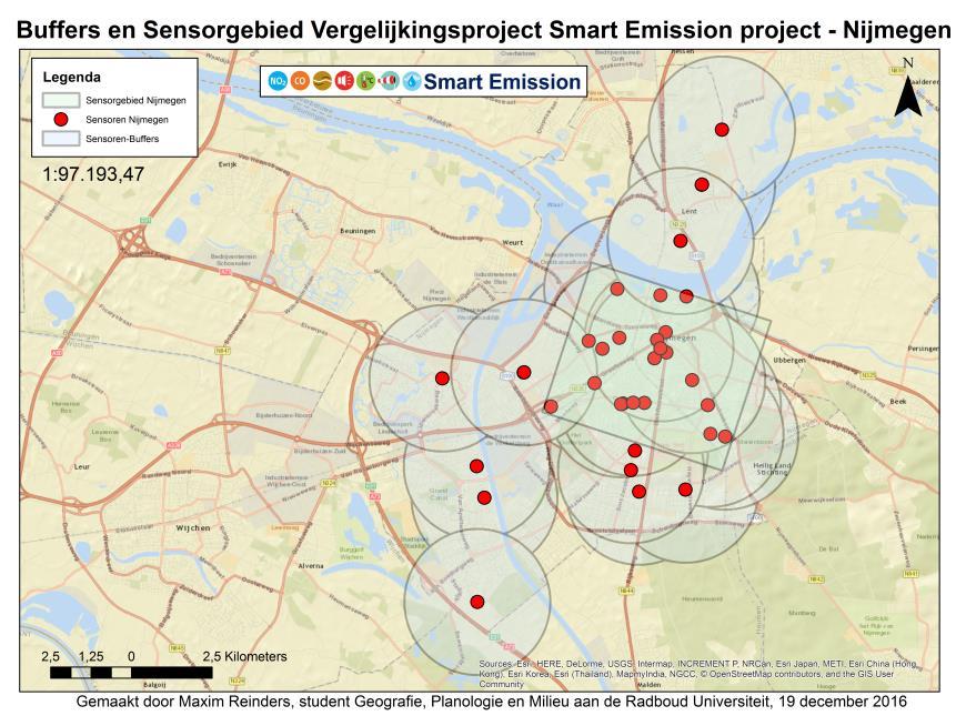 Deze buffers zijn bijvoorbeeld voor Nijmegen veel groter dan voor Utrecht, omdat in Nijmegen de sensoren gemiddeld veel verder van elkaar af liggen.