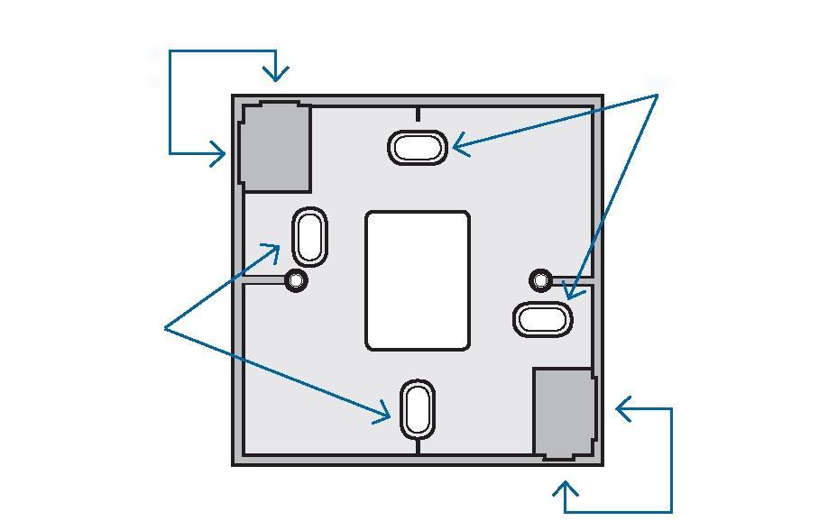 Kabeldoorvoer Montageopeningen Montageopeningen Kabeldoorvoer 2. Markeer de montageopeningen op de muur met behulp van de inbouwdoos. 3. Boor de gaten en steek de pluggen erin. 4. Sluit de kabels aan.