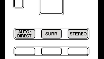 Luistermodussen De luistermodussen selecteren U kunt de luistermodus tijdens het afspelen veranderen door herhaaldelijk op "AUTO/DIRECT", "SURR" of "STEREO" te drukken.