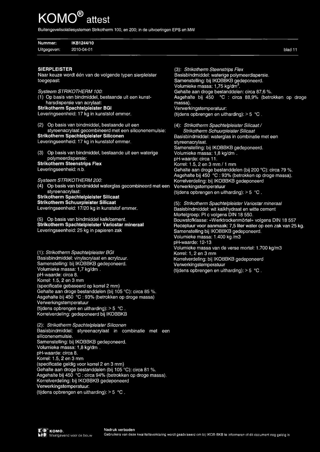 (2) Op basis van bindmiddel, bestaande uit een styreenacrylaat gecombineerd met een siliconenemulsie: Strikotherm Spachtelpieister Siliconen Leveringseenheid: 17 kg in kunststof emmer.