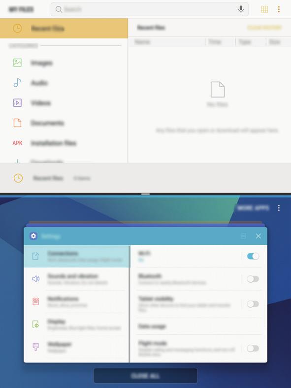 Basisfuncties Weergave met gesplitst scherm 1 Tik op om de lijst met onlangs gebruikte apps te openen. 2 Veeg omhoog of omlaag en tik op op een recent app-venster.