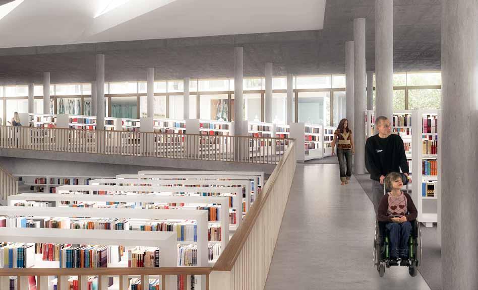 Het gebouw, gekenmerkt door zijn uitzonderlijke The library: a whirl of books mediating the world.