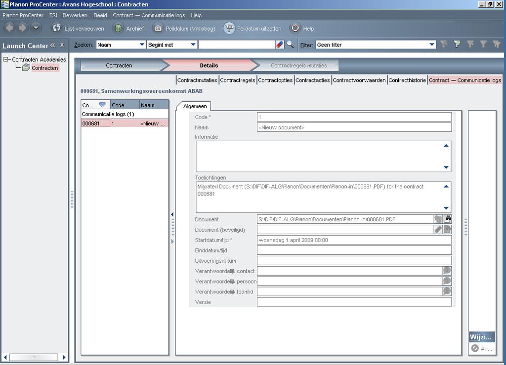 Bij de details substap Contract Communicatie logs kan een digitaal document gekoppeld zijn met daarbij ook eventuele