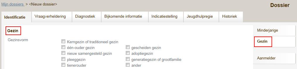 Via de knoppen aan de rechterzijde kunt u de gegevens van het luik wijzigen. Hiervoor gaat u als volgt te werk: Klik aan de rechterzijde op Gezin. De titel onder de tabbladen wijzigt in Gezin.