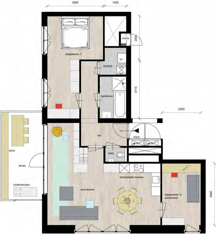 37 m² slaapkamer met ruimte voor een studiehoek A3 Eerste verdieping TYPE A4 Bouwnummers: 4, 8 en 12 Bouwnummers gespiegeld: 5,