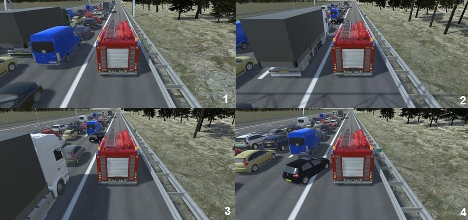 Scenario 15: Snelweg met file (snelweg, maximumsnelheid op matrixborden: 50 km/uur) Het voorrangsvoertuig rijdt via de afslag in het vorige scenario een andere snelweg op met drie rijstroken en een