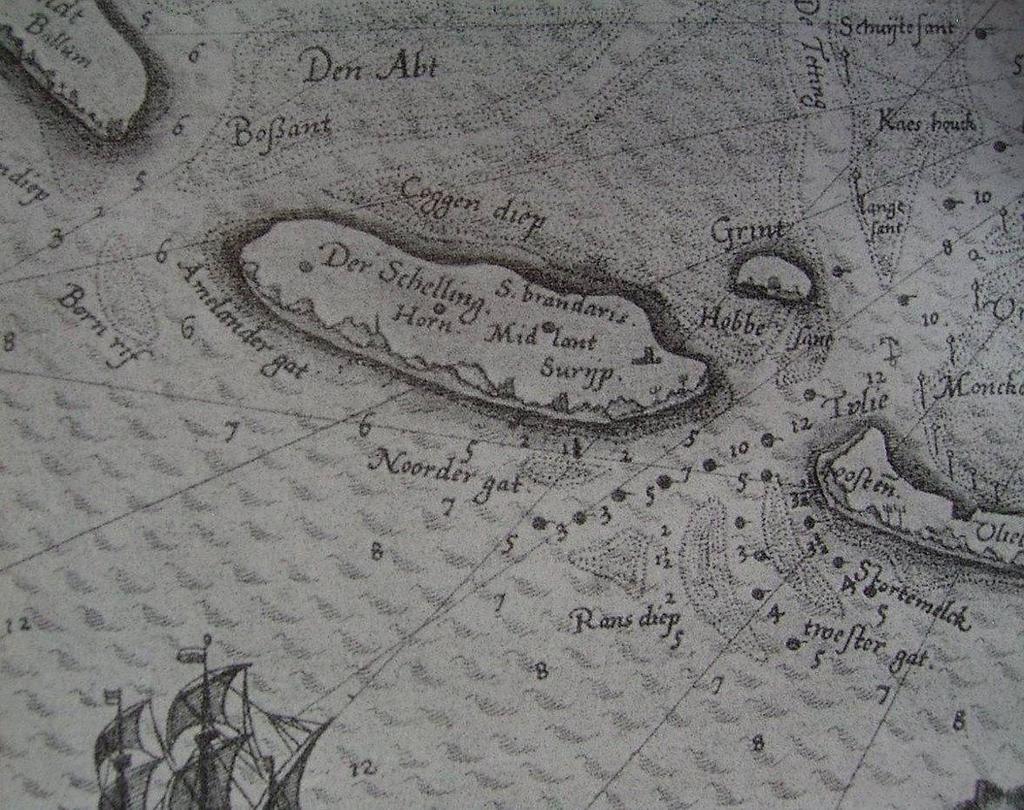 Figuur 3.5: Uitsnede met Terschelling uit zeekaart van Lucas Jansz. Waghenaer uit 1583 (noorden linksonder). 3.2.