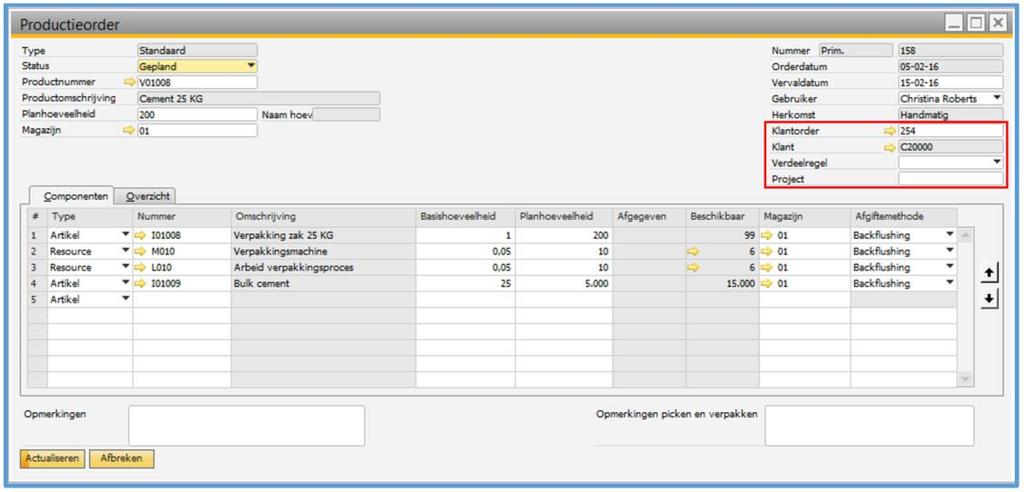 Productieorder Zodra een stuklijst wordt toegevoegd aan een productieorder wordt de te produceren hoeveelheid automatisch op 1 gezet. Dit kan uiteraard worden aangepast.