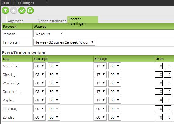Roosterinstellingen Hier is het weekrooster van de werknemer in te stellen door de manager.