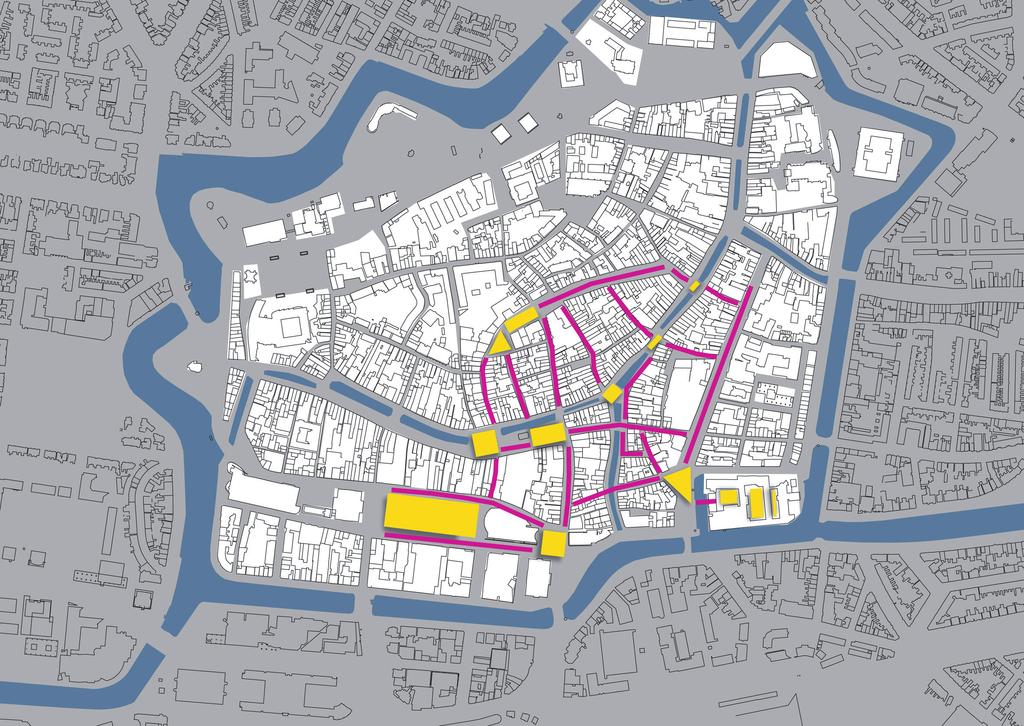 7 2 1 Blokhuisplein als belangrijk onderdeel netwerk van openbare ruimten binnenstad, weg, hardstenen en lommerrijke binnenplaatsen Het Blokhuisplein (1) als belangrijk onderdeel van het