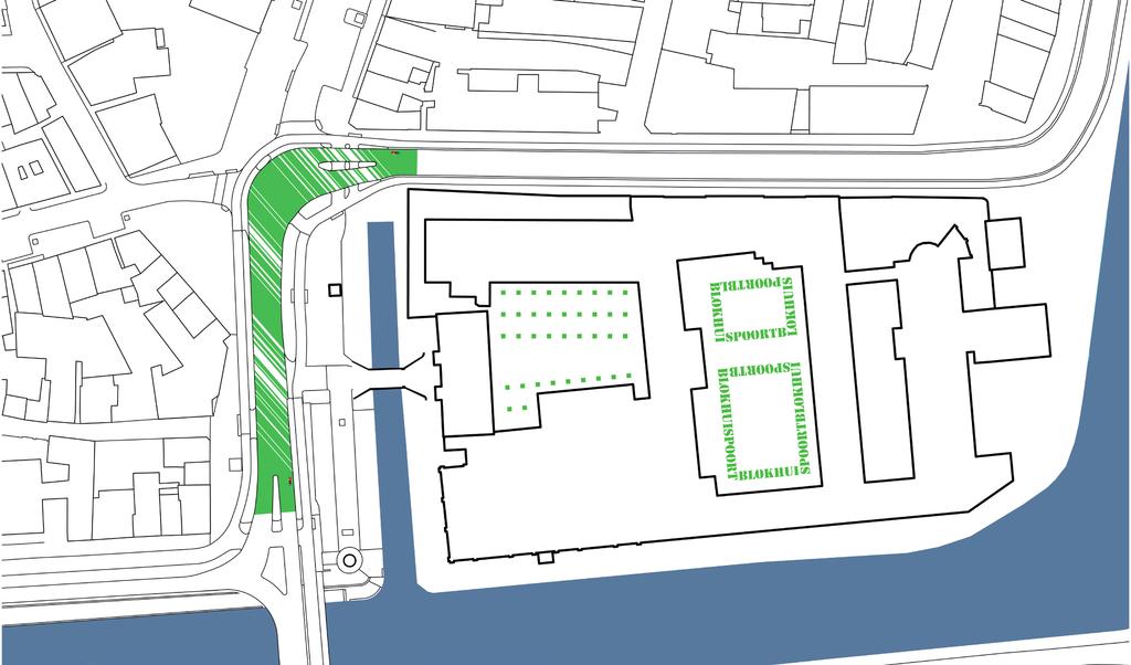 9 Eerste fase: Tijdelijke inrichting Blokhuisplein als XL-zebrapad bestaande uit een groene coating met een patroon van witte strepen.