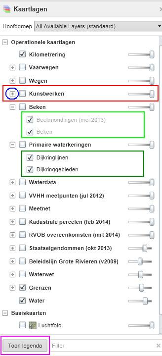 Kaartlagen aan- / uitzetten Met het plusje kun je een mapje openklappen Grijze lagen zijn op het huidige schaalniveau nog niet zichtbaar Zwarte lagen zijn wel zichtbaar Hiermee kan de