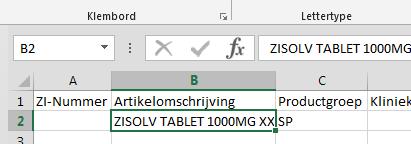 Pagina 52 Wis in cel A2 het ZI-nummer, we gaan immers een nieuwe aanvragen. Vervang de Artikelomschrijving in cel B2 in ZISOLV TABLET 1000MG XX met als XX uw initialen.