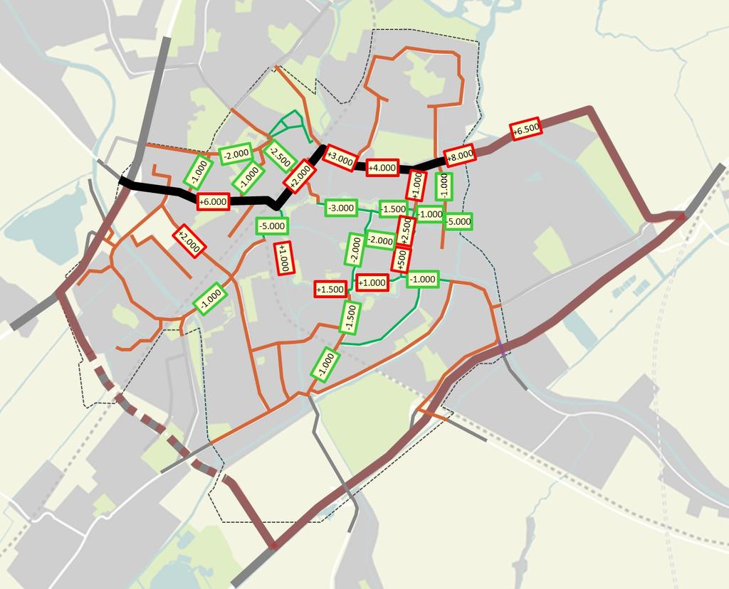 Figuur 14: Effecten (orde grootte) op de intensiteiten van de maatregelen van de Mobiliteitsnota (voertuigen per etmaal) ten opzichte van de referentiesituatie (dat wil zeggen, de verkeerssituatie in