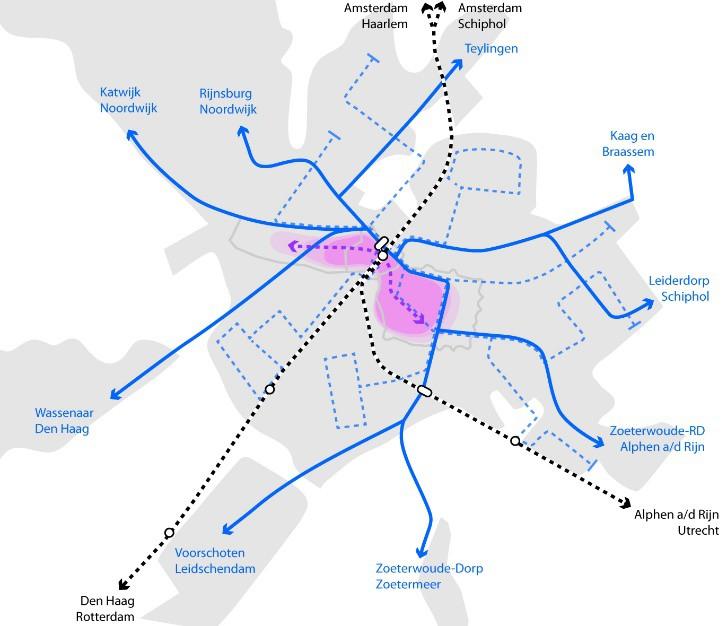 Figuur 20: Illustratie OV-categorieën (lijnen indicatief): zwart gestippeld: spoorvervoer, blauw continu: snelle busroutes, blauw gestippeld: ontsluitende busroutes, roze: gebied met belangrijke