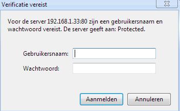 Bovenstaande scherm verschijnt en U dient de volgende gegevens in te vullen; Gebruikersnaam: admin Wachtwoord: 1234 Vul de gegevens in.