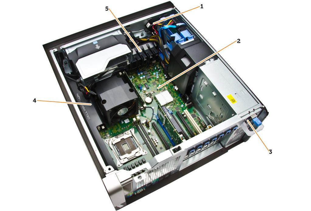 Afbeelding 3. Binnenaanzicht van de T7810-computer 1. luidspreker 2. moederbord 3. voeding 4. geheugenbehuizing 5. PCIe-kaarthouder De voeding (PSU) verwijderen 1.