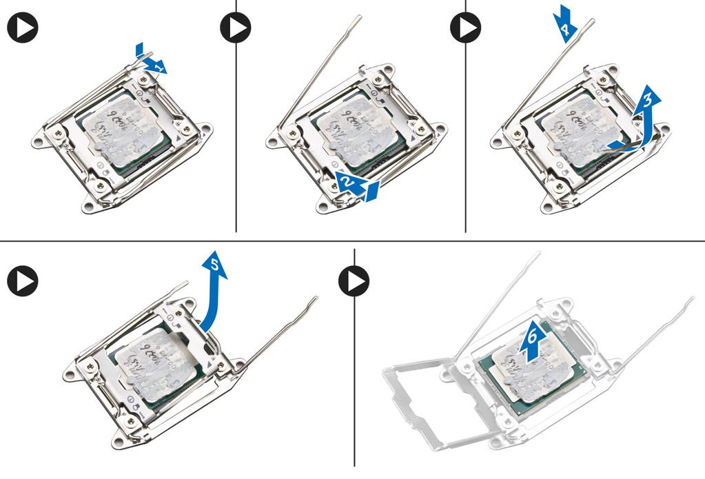 De processor verwijderen 1. Volg de procedures in Voordat u in de computer gaat werken. 2. Verwijder: a. computerkap b. optisch station (Alleen nodig voor het verwijderen van de CPU1) c.