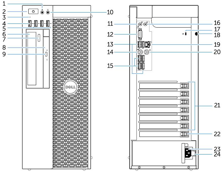 Systeemoverzicht Afbeelding 1. Voor- en achteraanzicht van de T7810-computer 1. microfoonconnector 2. aan-uitknop/voedingslampje 3. activiteitenlampje van de harde schijf 4. USB 3.0-connector 5.