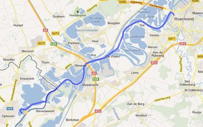 Route Noord : Maas Zuidwillemsvaart Kinrooi - Roermond : (20 Km - 1 Sluis) Roermond bestond reeds in de Romeinse tijd en had door de eeuwen heen verschillende