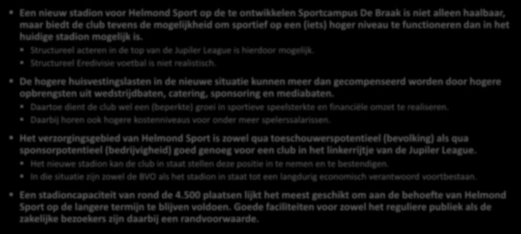 6. Conclusies Een nieuw stadion voor Helmond Sport op de te ontwikkelen Sportcampus De Braak is niet alleen haalbaar, maar biedt de club tevens de mogelijkheid om sportief op een (iets) hoger niveau