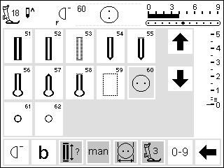 38 Knoopsgaten / Letters/cijfers Knoop-aanzetprogramma Knopen met 2 en 4 gaatjes kunnen met de naaimachine worden aangezet. Knoop-aanzetprogramma steek nr. 60 kiezen de knoop-aanzetvoet (nr.