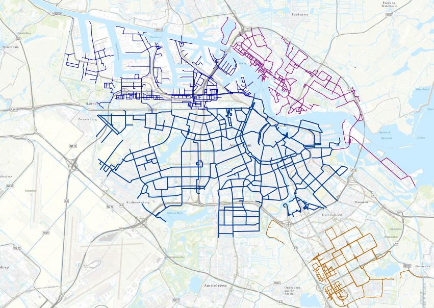 Afbeelding 10.4. Wegen in Amsterdam (50 km/uur) die in dit deelonderzoek zijn geïnventariseerd (weergegeven in donkerblauw, bold). 10.3.