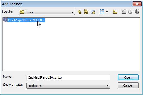 * Klik in de Standard knoppenbalk op om ArcToolbox op te starten. Het ArcToolbox-venster verschijnt. * Klik rechts op ArcToolbox en kies menu Add Toolbox. * Ga via de keuzelijst Look in naar c:\temp.