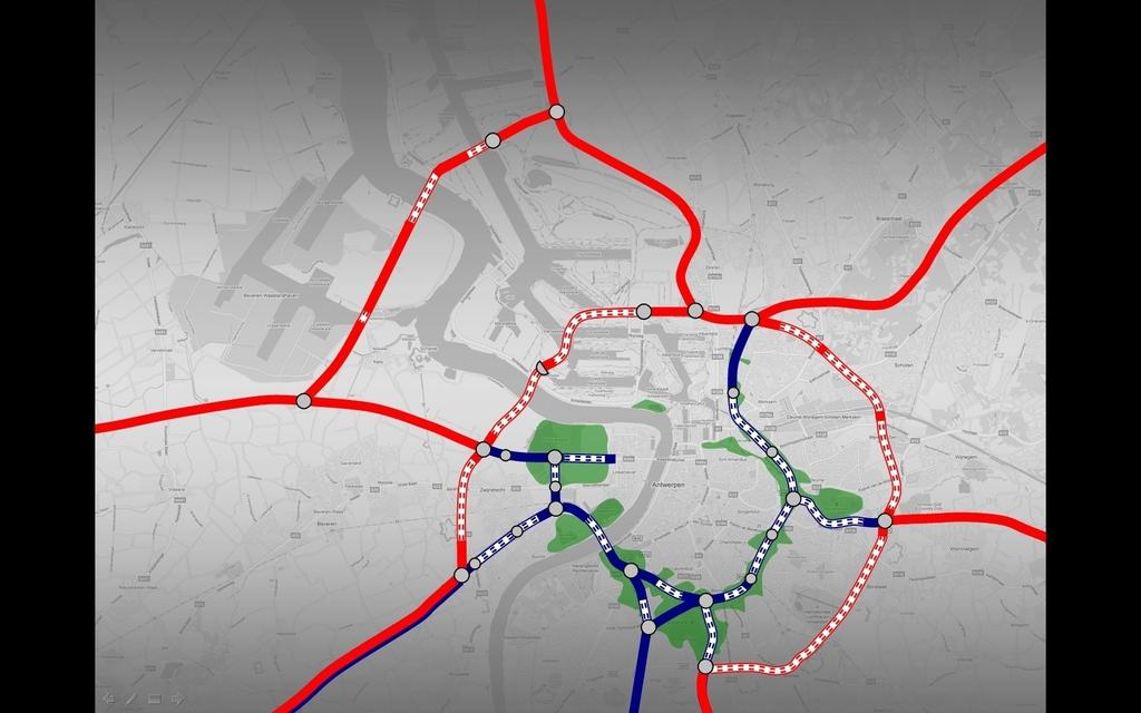 Meccano-Plus: mogelijkheid vrachtverbod op drukste deel van huidige ring Vandaag komen grote vrachtverkeersstromen samen op centrale deel ring (Berchem/Merksem) Meccanotracé + R11-tunnel: scheidt die