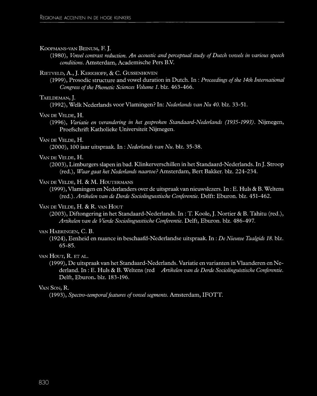 In : Proceedings of the 14th International Congress of the Phonetic Sciences Volume 1. biz. 463-466. T a e l d e m a n, J. (1992), Welk Nederlands voor Vlamingen? In: Nederlands van N u 40. biz. 33-51.