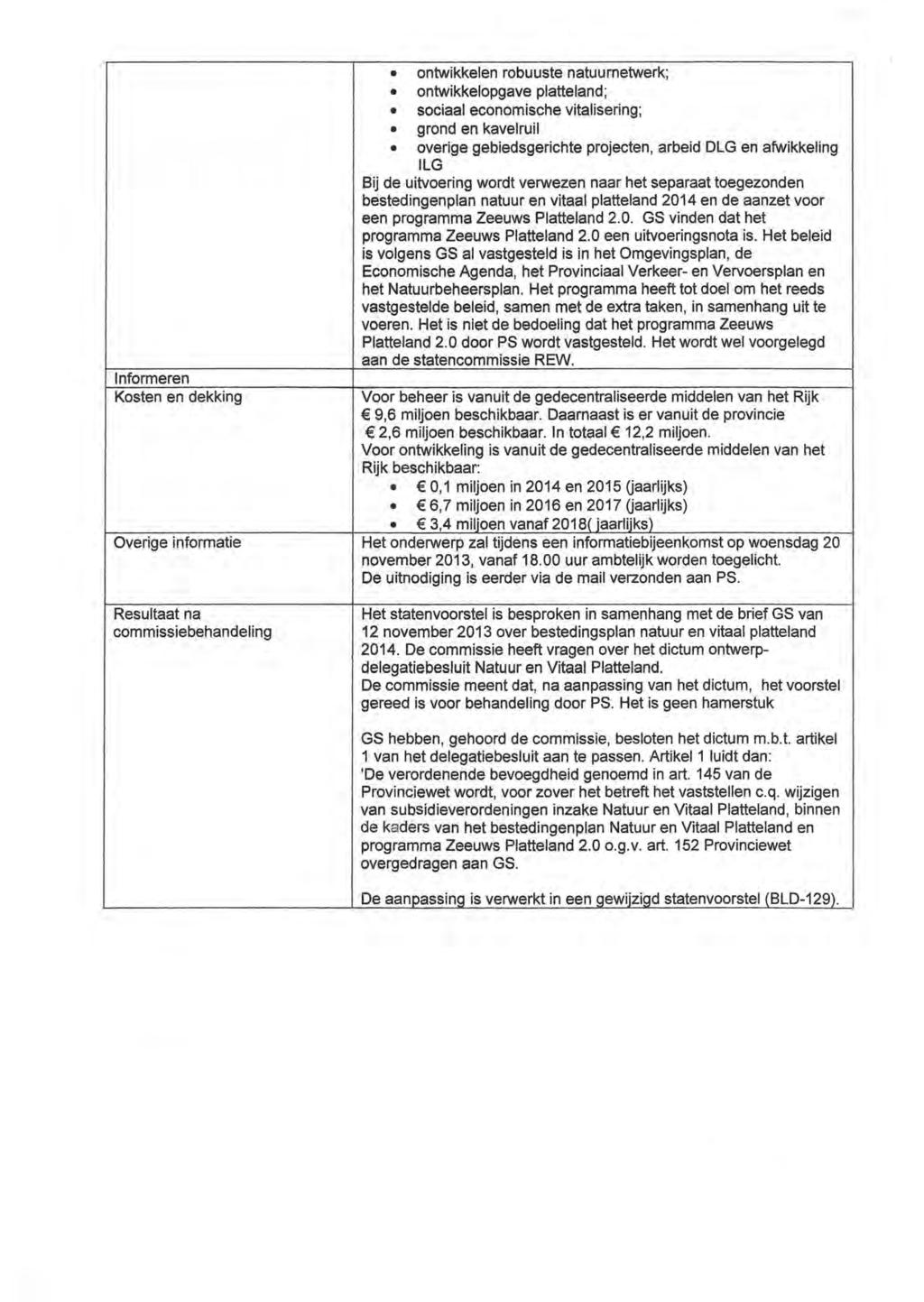 Informeren Kosten en dekking Overige informatie Resultaat na commissiebehandeling ontwikkelen robuuste natuumetwerk; ontwikkelopgave platteland; sociaal economische vitalisering; grond en kavelruil