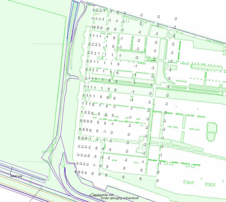 Figuur 4 : Verschil in effect (in db) op 8 meter hoogte tussen de beoogde geluidswal Woerden en een geluidswal/scherm ten westen Veldhuizerweg.