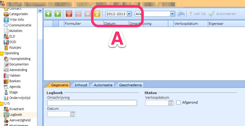 U kunt van lesperiode wisselen door te klikken bij A (zie onderstaande afbeelding (afdruk van het LVS-logboek)