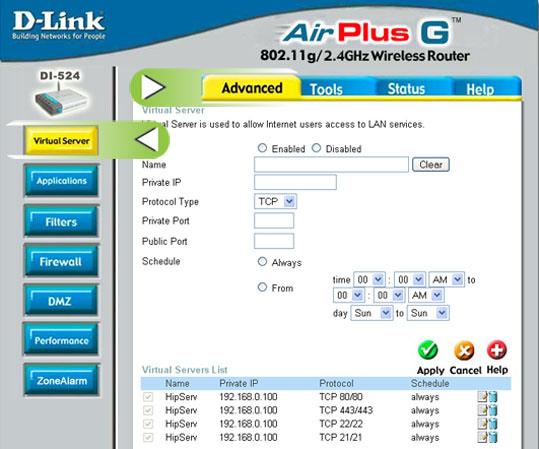 Gebruikershandleiding pagina 61 Stap 4 Handmatige configuratie 1. Klik op de tab Advanced. Klik op de tab Virtual Server. 2. 3. Geef de naam van de Ethernet Disk mini in.