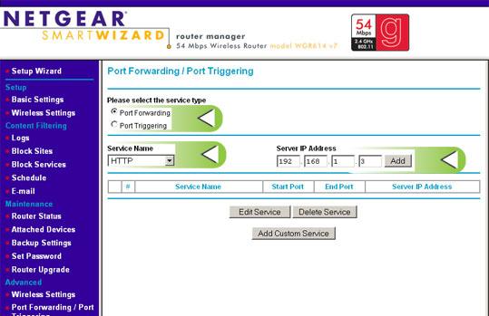 Gebruikershandleiding pagina 71 Stap 4 Handmatige configuratie 1. Klik op de knop Port Fowarding / Port Triggering in het menu aan de linkerzijde. 2.