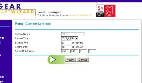 Gebruikershandleiding pagina 72 Toevoegen van SSH (poort 22) en HTTPS (poort 443). 1. Geef SSH in in het veld Service Name. 2. Selecteer TCP/UDP uit het menu Service Type. 3.