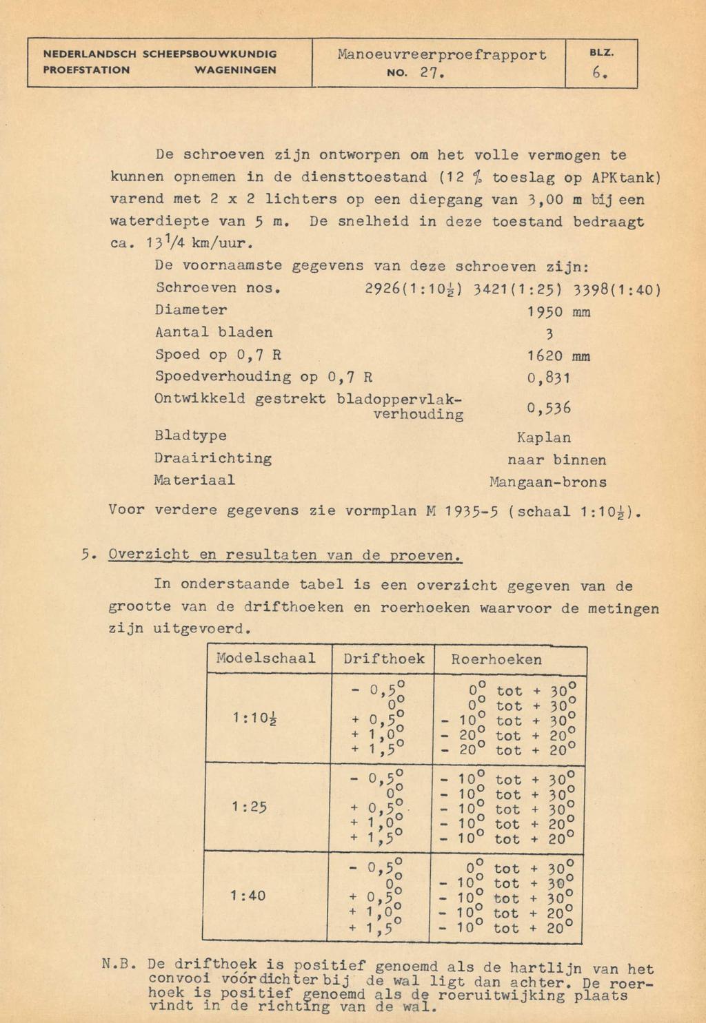 NEDERLANDSCH SCHEEPSBOUWKUNDIG Manoeuvre erproe frappor t BLZ PROEFSTATION WAGENINGEN NO 27 6 De schroeven zijn ontworpen om het volle vermogen te kunnen opnemen in de diensttoestand (12 % toeslag op