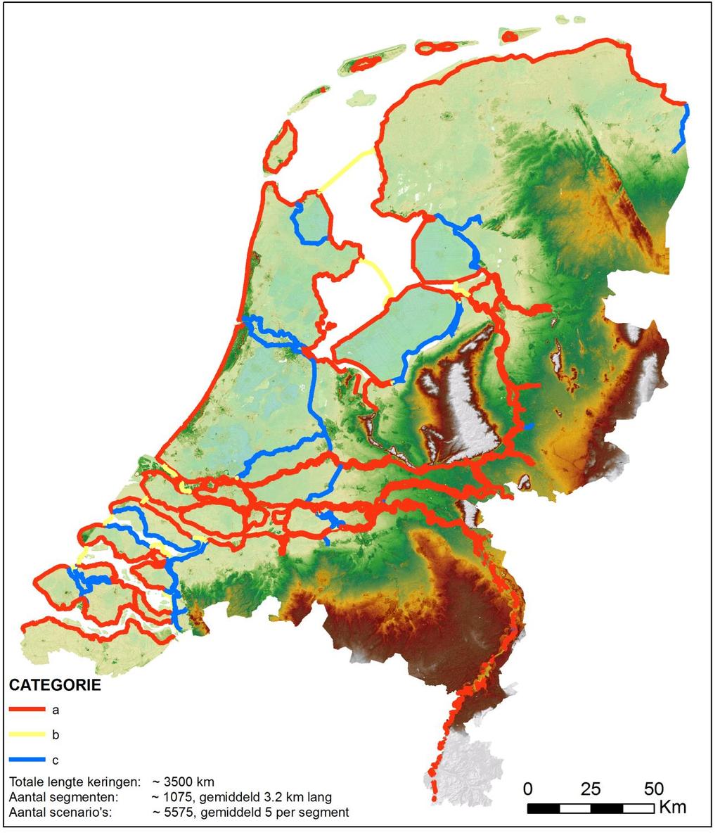 Figuur 1.1 Overzichtskaart van Nederland met de waterkeringen per categorie. Er is gewerkt met het Nationaal Basisbestand Dijkringlijnen 4.0 (2012).