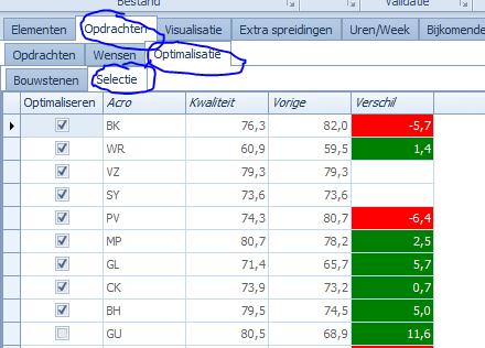 OPTIMALISATIE LERARENROOSTERS: EXTRA INFO (VORIGE SCORE/VERSCHILSCORE) ER VERSCHIJNT EEN NIEUW SUBTABBLAD "OPTI MALISATIE" IN HET LINT BOVENAAN Dit tabblad bestaat op zijn beurt uit 2