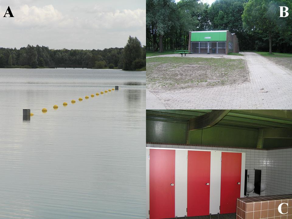 In twee van de vijf toiletgebouwen bij het zandstrand zitten naast de wc s ook een kiosk (Fig. 5B). Op het moment van bezoek is slechts één van de vijf toiletgebouwen bij het grote zandstrand open.