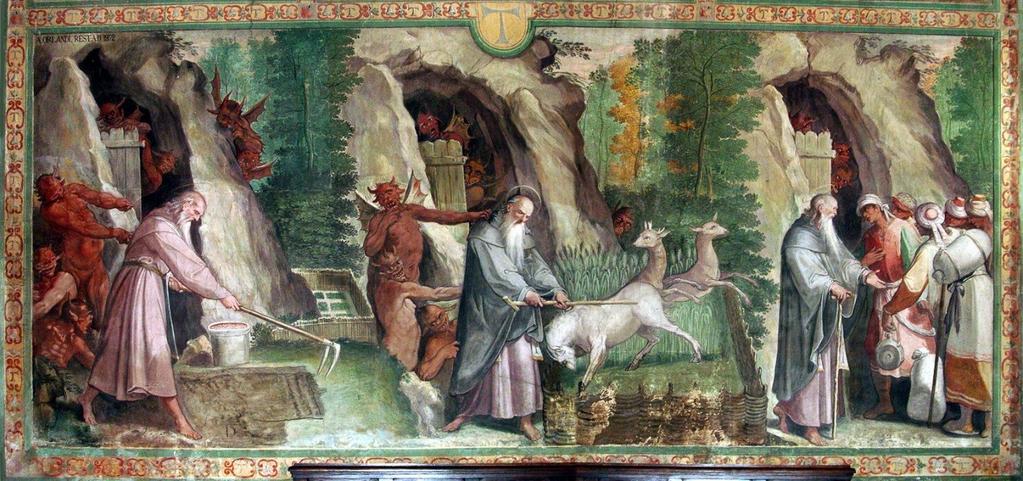 (vervolg) De woestijnvader Antonius De wilde dieren zijn Antonius gehoorzaam. Wandschildering in de Kerk van de Heilige Antonius te Rome.
