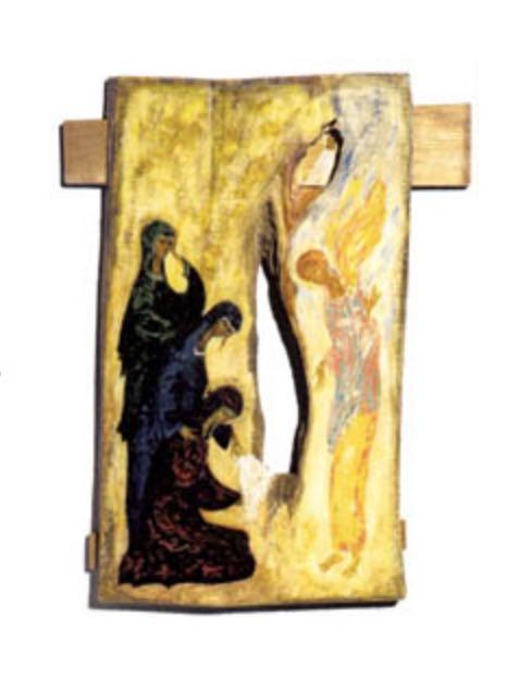 9. Het Mysterie van de Opstanding. de drie vrouwen bij het lege graf van Jezus Wasili Wasin schildering op hout.