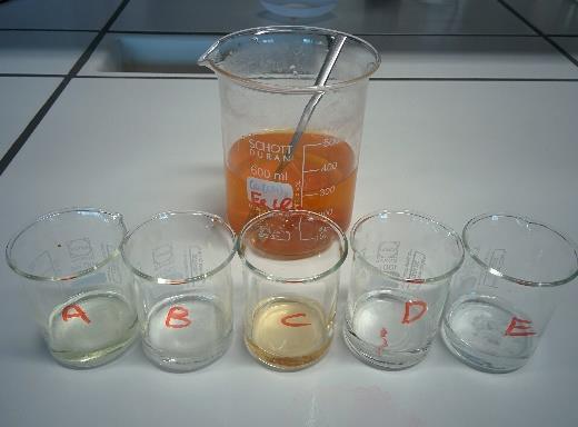 e) 4 g natriumcarbonaat (Na2CO3) in 20 ml gedestilleerd water. Zet de letter e op dit bekerglas. Schrijf een boodschap met de vijf oplossingen.