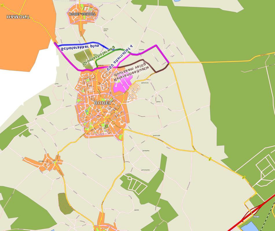 Afbeelding 3: tracévarianten randweg Budel, Bron: Verkenningenstudie DHV 2007 Het VSV-alternatief 4 en het Tracé Grootschoterweg bleken niet voldoende bij te dragen aan het oplossen van de vooraf