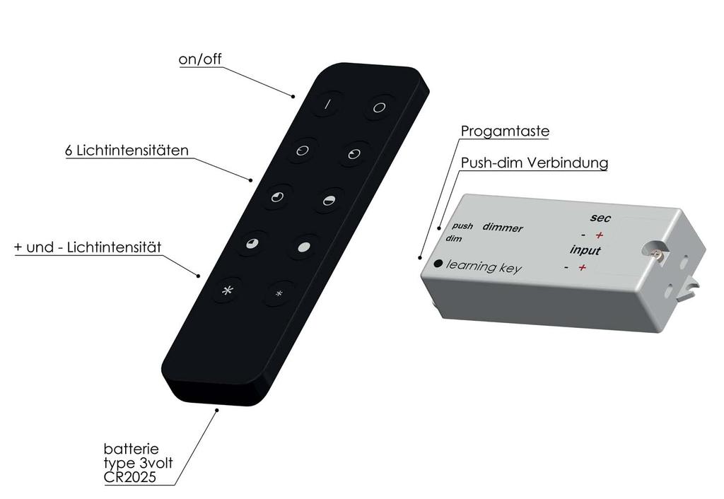 Dimmen Falls mit Option Dimmer bestellt wird, ist der Dimmer fertig und programmiert. Die Leuchte kann an- und ausgeschaltet werden mit den Fernbedienung. Dimmbar in 6 voreingestellte Standen.