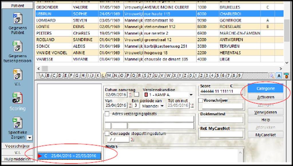 Scoring moet nog aanvaard worden Selecteer de scoring en klik op activeren om deze te aanvaarden. Pas deze indien nodig aan. Vergeet deze niet door te sturen met MyCareNet.